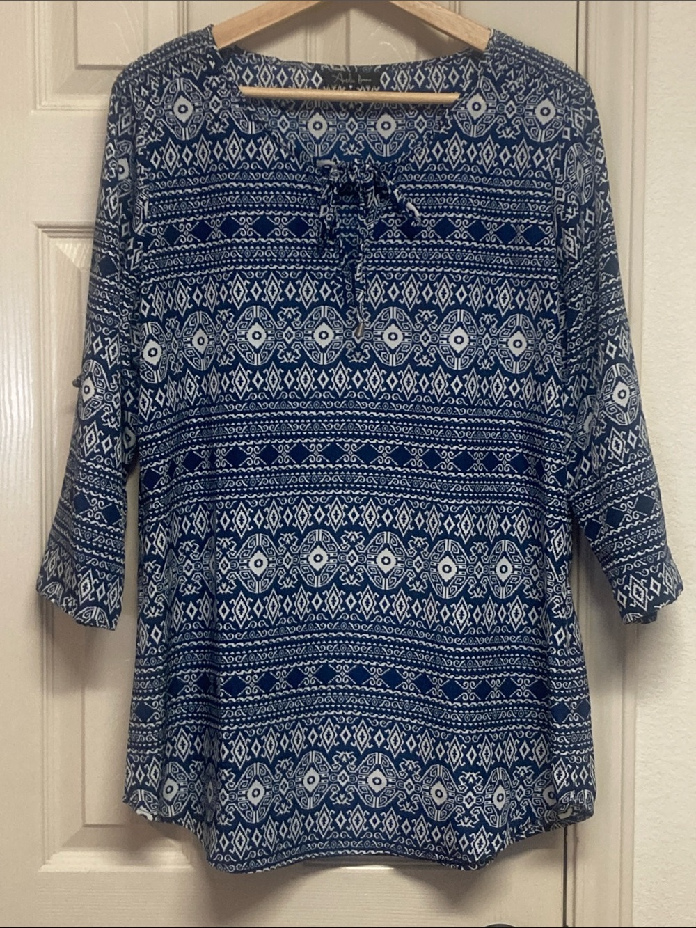Antilia Femme Navy Blue Boho Geometric Print Tunic Blouse Sz L